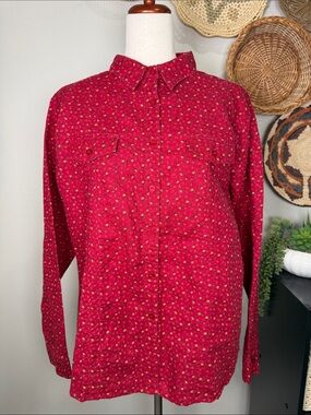 Vtg Wrangler Blues Button Up Cowgirl Red Delicate Flowers Long Sleeve Shirt XXL